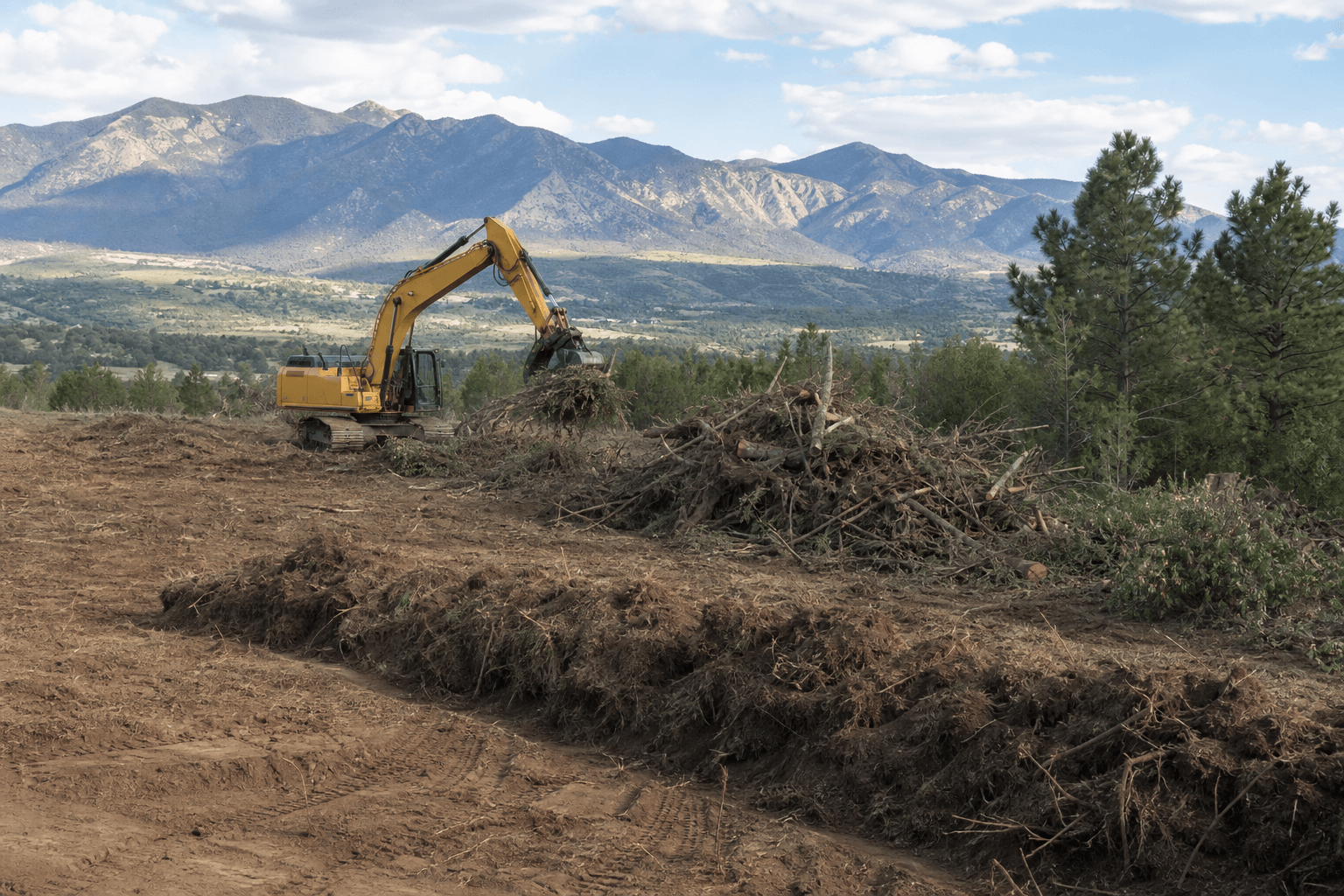 Land clearing with excavator removing trees and brush