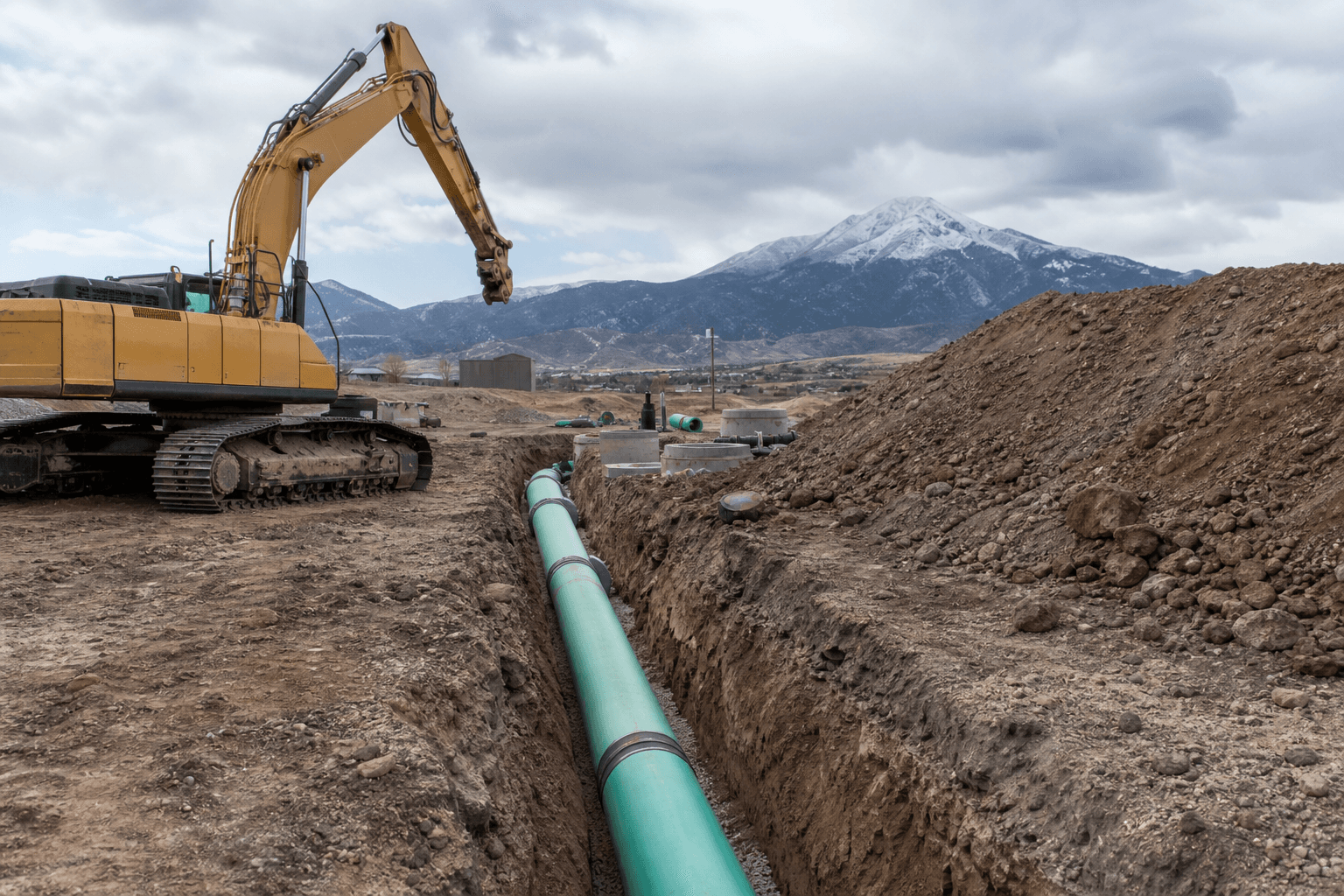 Utility trench and pipe installation on a construction site
