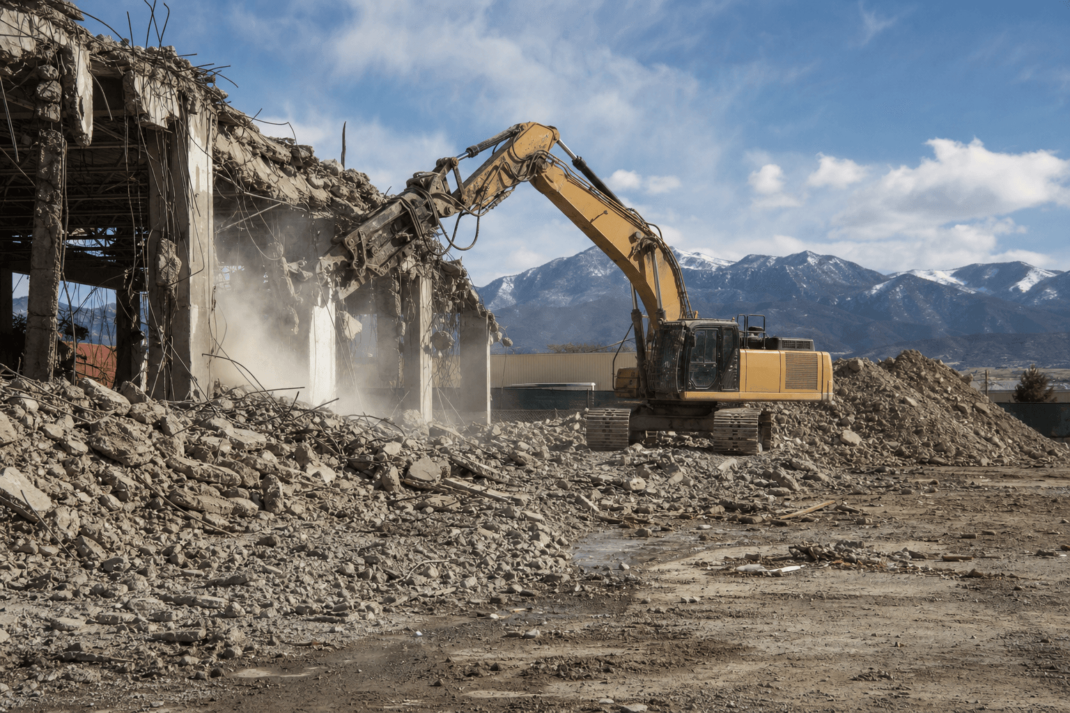 Excavator demolishing a structure and clearing debris