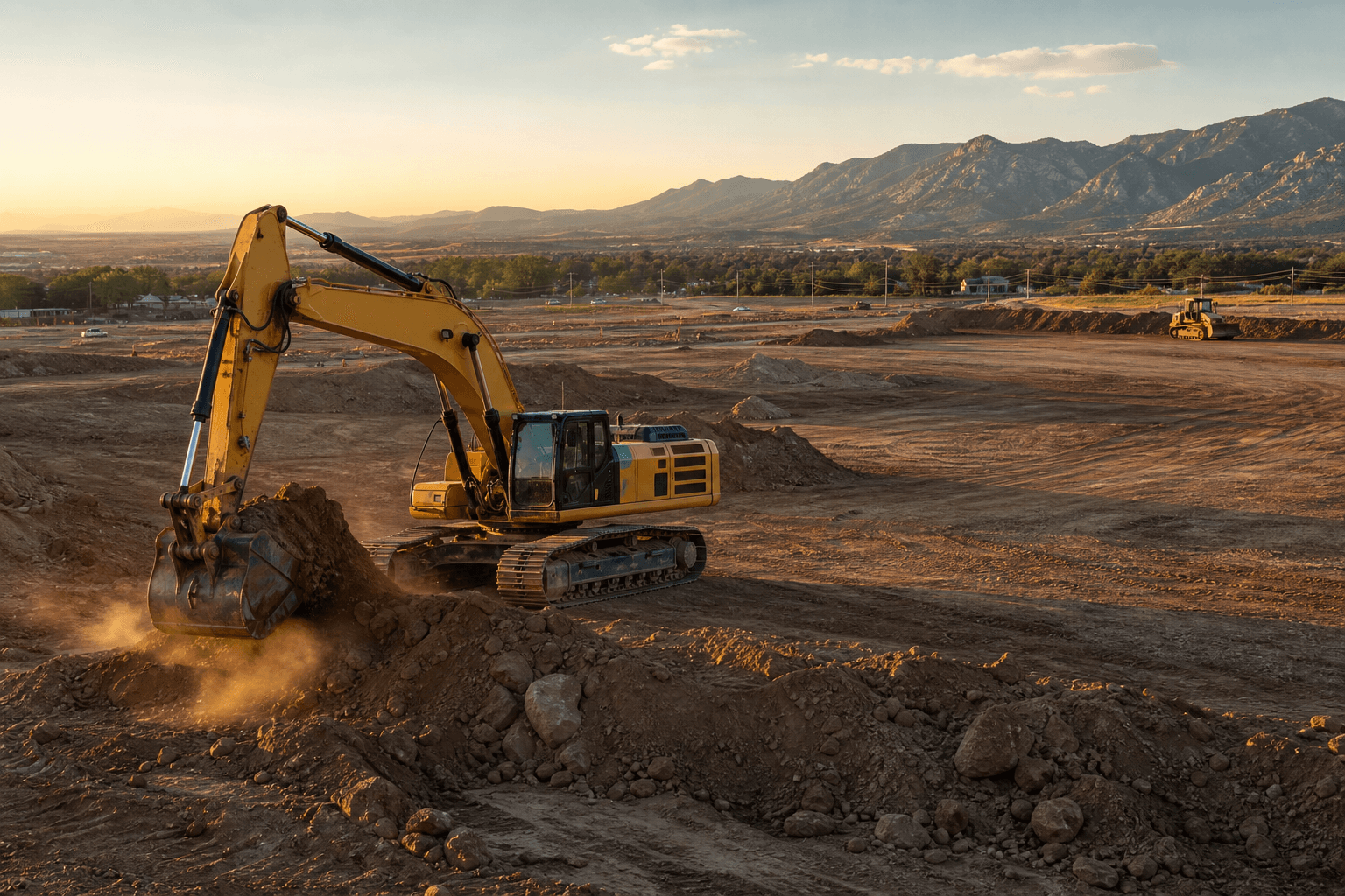 Excavator grading earth on a Colorado jobsite