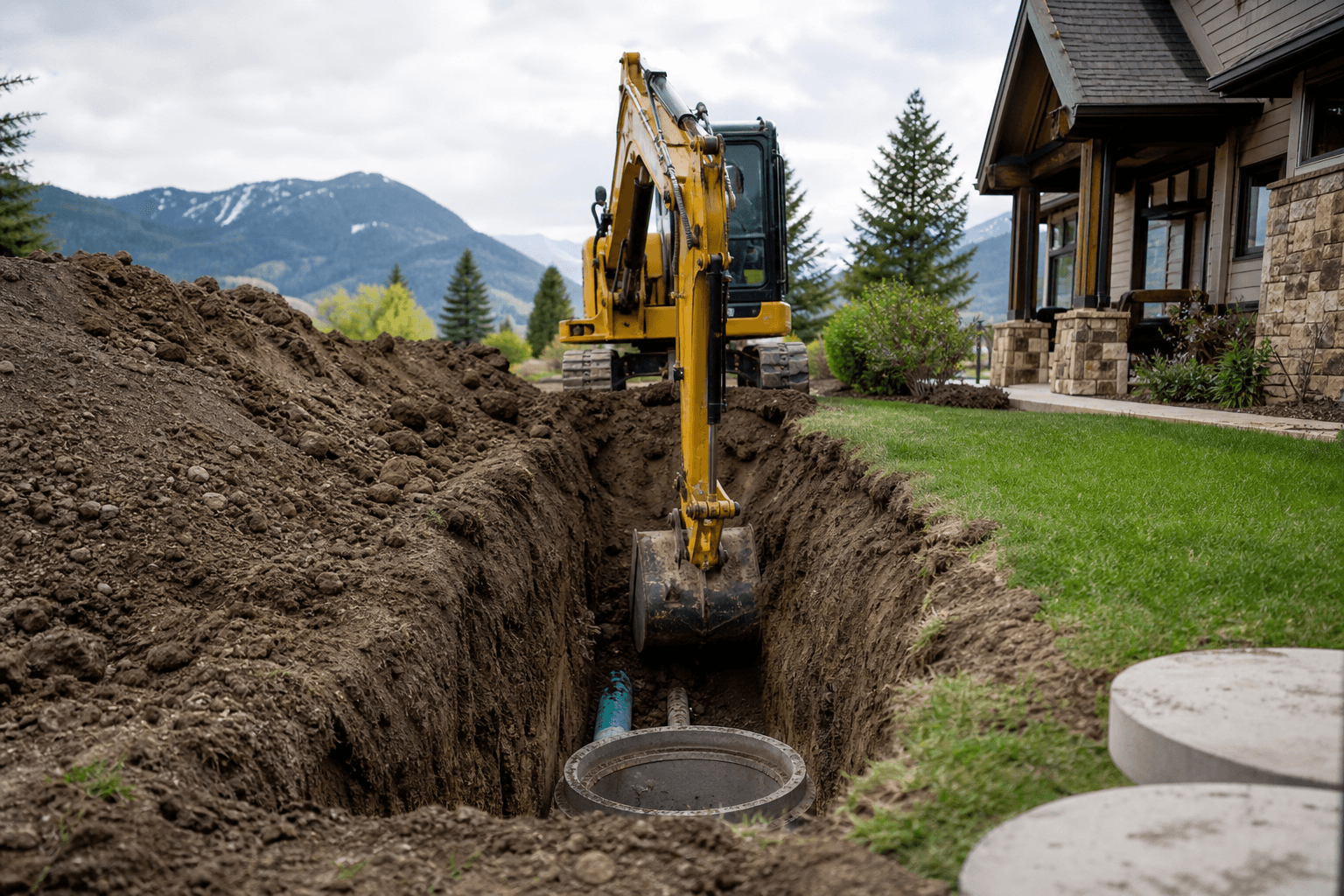Excavator digging for residential septic or sewer work